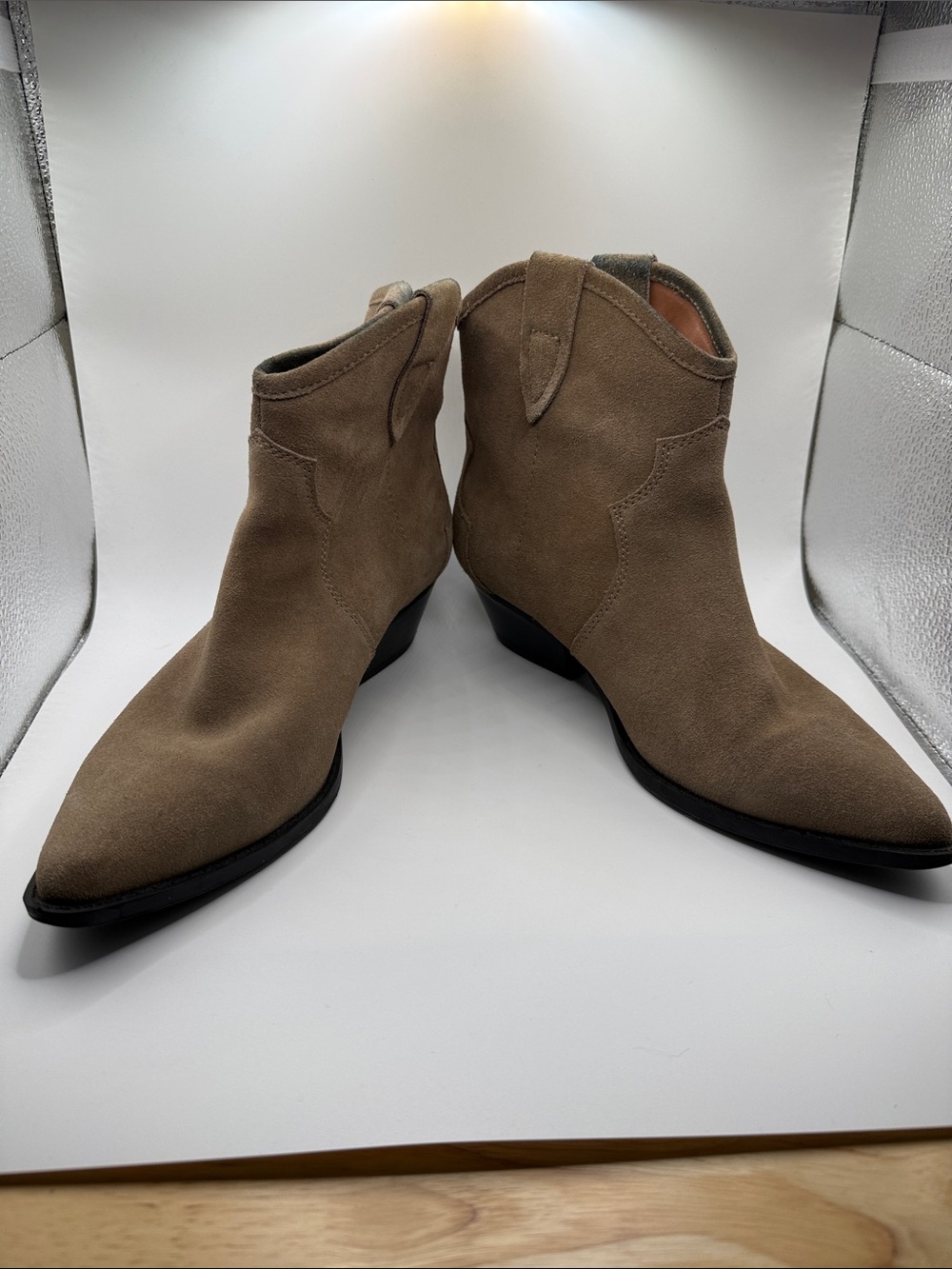 Chelsea & Violet Taupe Suede Western Ankle Boots
